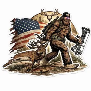 Bigfoot Deer Hunting Sticker, Funny American Flag Hunter Vinyl Decal for Trucks, Coolers & Laptops, Waterproof Outdoor Hunting Gear Gift