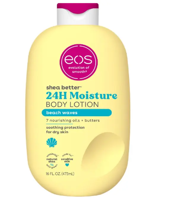 eos Shea Better Body Lotion Beach Waves, 24-Hour Moisture Skin Care, Lightweight & Non-Greasy, Natural Shea Butter, Vegan, Beachy Coconut Scent, Moisturizing Body Lotion for Dry Skin, 16 fl oz