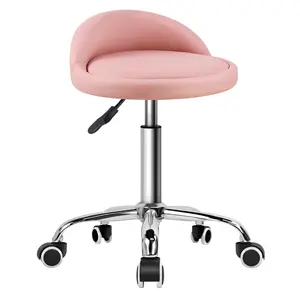 KKTONER PU Leather Round Rolling Stool with Back Rest Height Adjustable Swivel Drafting Work SPA Task Chair with Wheels Pink