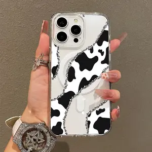 Trendy Magnetic Case for iPhoneX/11/12/13/14/15/16/17 Plus Air ProMax, Samsung S25 S24 S23 S22 Cow print glitter Ultra Slim, MagSafe Support, Shockproof |     Playful & Fun Style