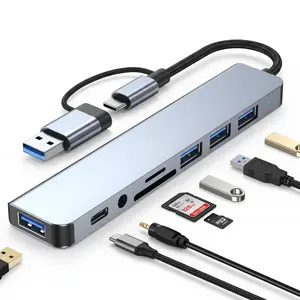 8-in-1 USB C Hub Dual Input Adapter with 4 USB 3.0 Ports, SD/TF Card Reader, 3.5mm Audio, Compatible with MacBook, HP, Surface, Dell Laptops