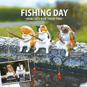 8-Piece Unique Cat Figurines Set, DIY Fishing Cat Decor, Perfect Gift, Ideal for Entryway, Micro Landscape, Office, Living Room, Bedroom, Balcony