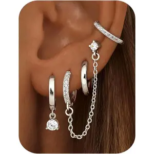 4 Pairs Small Hoop Earrings for Women Trendy 14K Gold Plated Chain Drop Earrings Set Hypoallergenic CZ Huggie Hoops Lightweight Cartilage Earring Stacks Women's Jewelry Gifts