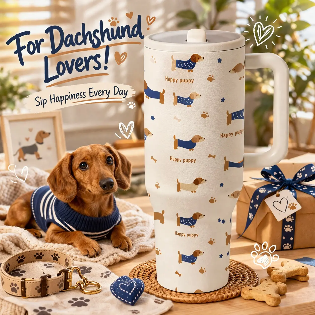 AuraCup 40oz Durable Insulated Tumbler with Handle and Lid, Dachshund Pattern Stainless Steel Travel Mug, Large Capacity Vacuum Cup for Coffee Tea Water, Reusable Dog Lover Gift for Home Office Outdoor, Keeps Drinks Cold 12 Hours Hot 6 Hours