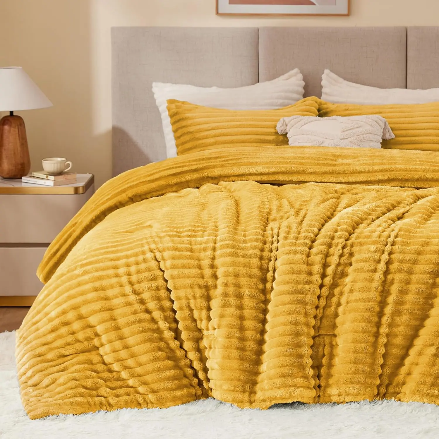 Queen Comforter Set with 2 Pillow Cases - Super Warm Fluffy Mustard Yellow Fuzzy Heavy Winter Bedding, Unique Style, Affluent Look