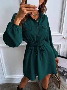 Women's Plain Button Dress, Elegant Casual Comfy Chic Bishop Sleeve Collared Short Dress for Spring & Fall, Women's Clothing for Daily Wear, Casual Everyday Wear