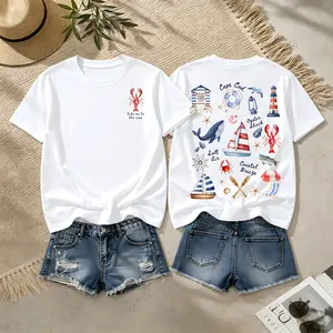 Women's Nautical Lobster Lighthouse Graphic T-Shirt, Vintage Coastal Ocean Sailboat Fish Print Crew Neck Cotton Short Sleeve Tee, Casual Summer Beach Vacation Loose Fit Top For Seaside Travel Nature Lover Gift