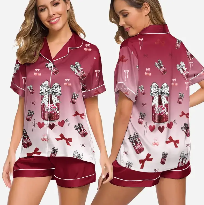 Dr Pepper Pajamas Set, Dr Pepper Lovers Pjs, Silk Pajamas, Womenswear, Silk Sleepwear, Loungewear, Gift For Her, Gift For Mom