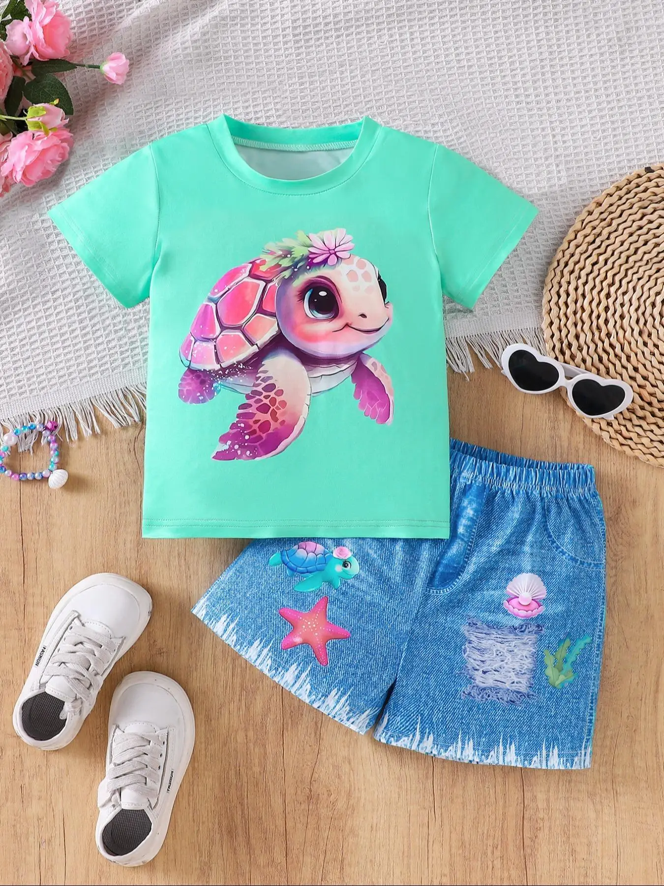 Girl's Cartoon Print Tee & Denim-effect Print Shorts Two-piece Set, Casual Round Neck Short Sleeve T-shirt & Shorts, Summer Clothes for Kids