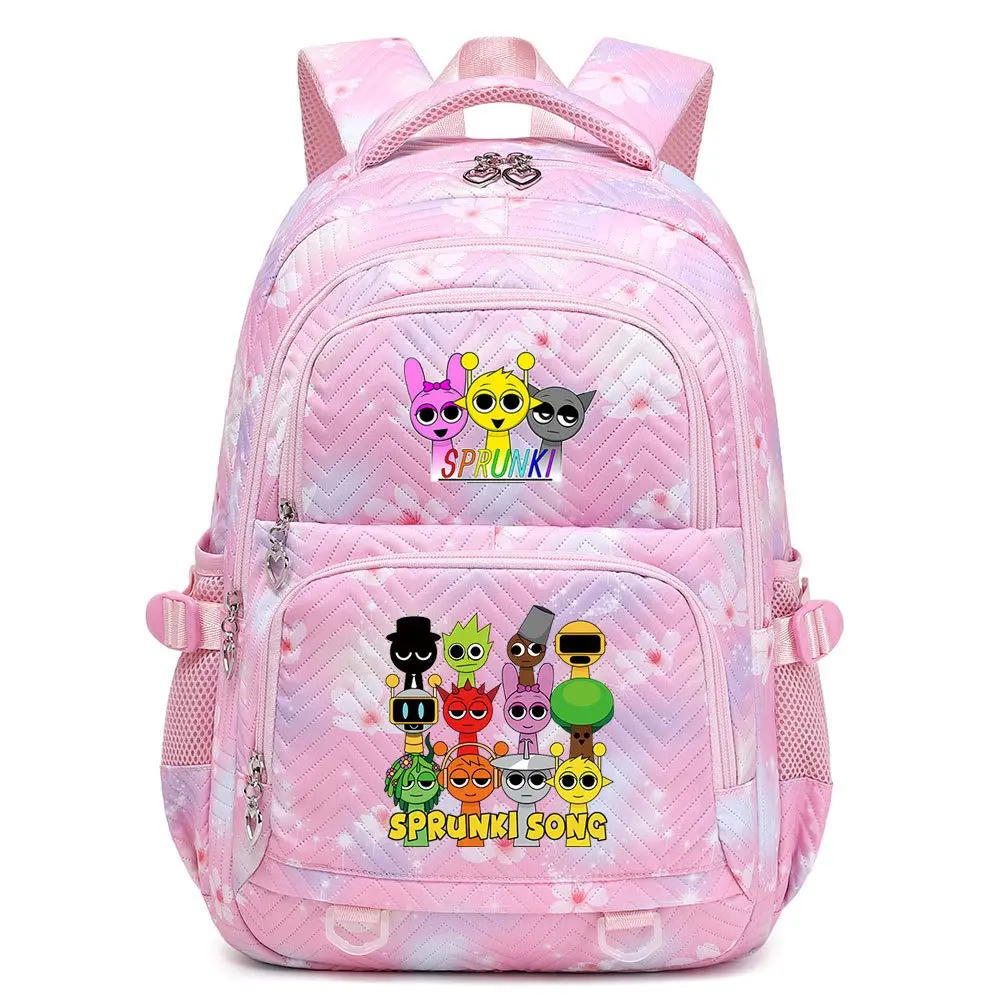 Kawaii Sprunki Cartoon Pink Cherry Blossom Backpack, Multi-Pocket Teen Girls Casual Daypack