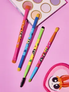 THE POWERPUFF GIRLS X SHEIN | 4pcs Cute Cartoon Makeup Brush Set | Blossom, Bubbles & Buttercup Heart Pattern Eye Brushes