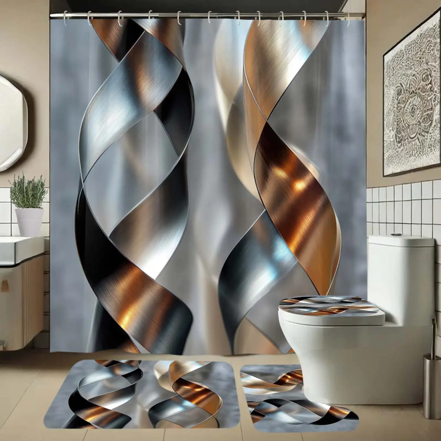 Abstract Pattern Shower Curtain Set with Rug, Non-Slip Bath Mat, U-Shaped Toilet Lid Cover Pad, Modern Bathroom Decor with Hooks, Shower Essentials
