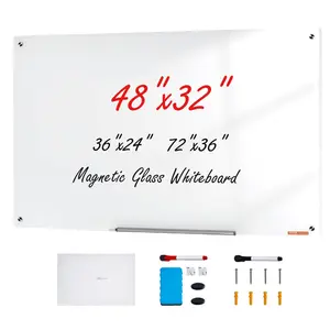 VEVOR Magnetic Glass Whiteboard,  , Dry Erase Board 48"x32", Wall-Mounted Large White Glassboard Frameless, with Marker Tray, an Eraser and 2 Markers, White