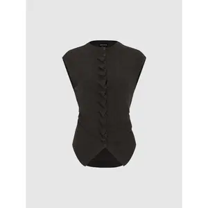 URBAN REVIVO 2026 Summer Elegant Sleeveless Lace-Trim Single-Breasted Knit Vest Cardigan UWM960040, Polyester-Wool Fabric Women's Clothes, Women's Vests