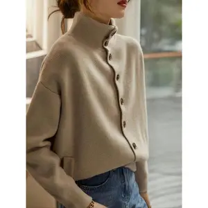 New Fine Knit Stand Collar Button Cardigan, Minimalist Plain Design, Loose-Fitting Fall & Winter Outerwear, Versatile Autumn Coat, Knitwear