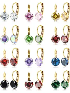 12 Pairs Leverback Dangle Earrings Set for Women Gold Plated CZ Stainless Steel Earrings 6/10MM Multicolor Cubic Zirconia Drop Earrings