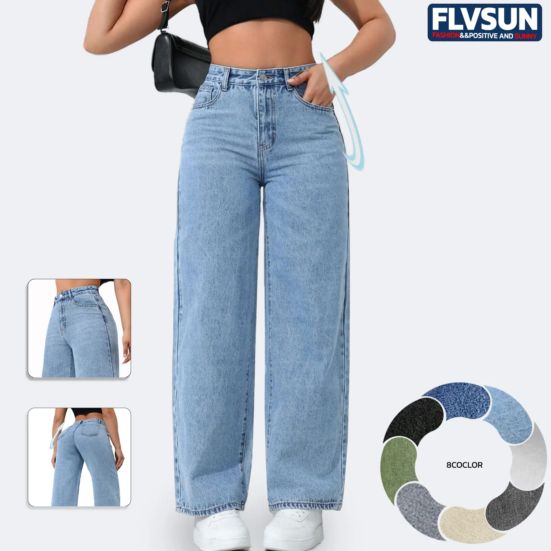 Flvsun Women's Denim Stretch High-Waist Wide-Leg Jeans for Women - Basic Minimalist, Casual Comfortable Cold-Wash Bottoms with Pockets, Loose Leg Wide Hip Cotton Pants, Wide Hip Jeans