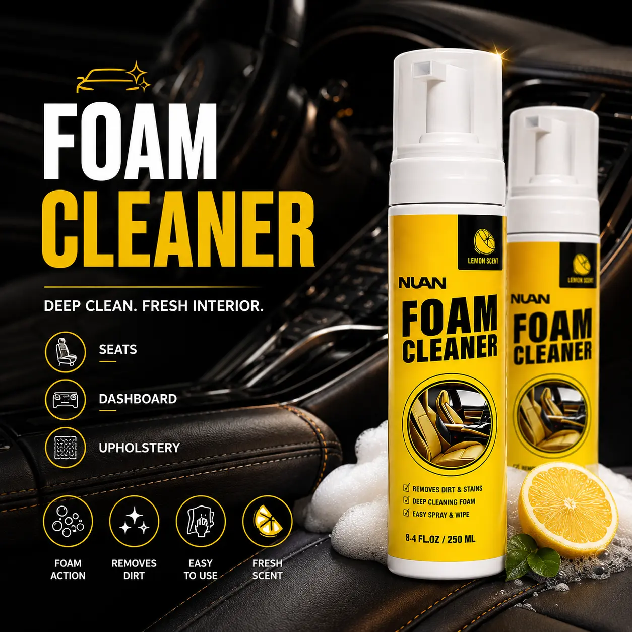NUAN Car Interior Cleaner Foam Spray, Upholstery & Seat Cleaner for Fabric, Leather, Dashboard and Interior Stains