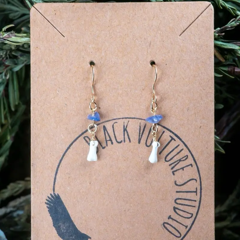 Virginia Opossum Bone Tanzanite Gemstone Curiosity Oddity Gold Dainty Witchy Earrings