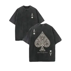Men's Retro Washed 230 Pure Cotton Short-Sleeve T-Shirt, Double-Sided 'LUCK AND STRENGTH' Letter & Ace Of Spades Print, Menswear Top, Casual Stylish Street Style Comfortable Tee