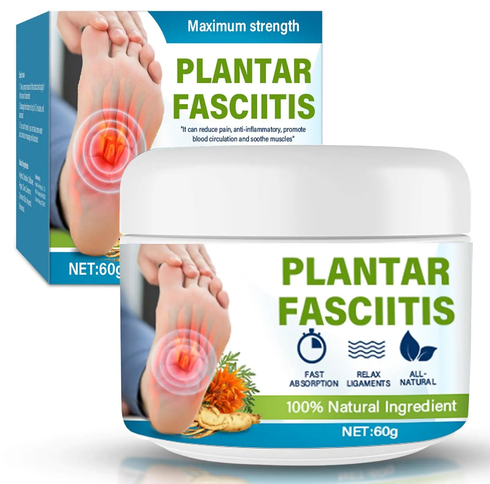 Plantar Fasciitis Cream Treatment, Maximum Strength Formula with Ginseng & Ginger for Sore Heel and Arch Pain - Wellness & Healthcare Circulation Solution