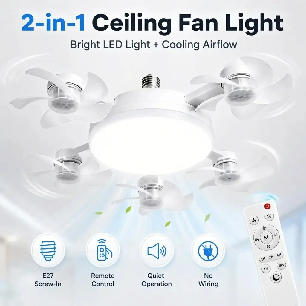 Socket Ceiling Fan - Drone Shaped Screw In LED Light with Multi Head Fans - for Garage Workspace, Kitchen, Bedroom & Storage Room - Useful Apartment Decor Gift for Renters, Men & Tech Fans