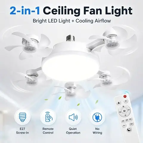 Socket Ceiling Fan - Drone Shaped Screw In LED Light with Multi Head Fans - for Garage Workspace, Kitchen, Bedroom & Storage Room - Useful Apartment Decor Gift for Renters, Men & Tech Fans,dorm essentials,home decor,home essentials,camping essentials