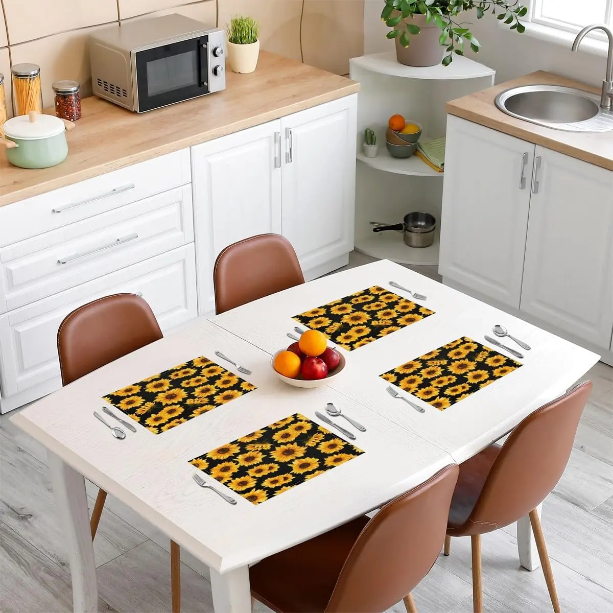 Feelyou 3D Printed Polyester Sunflower Placemats Set (4-Piece, 18in x 12in Rectangle) - Foldable Kitchen Tableware with Coasters, Botanical Yellow Floral Black-Yellow Theme, Table Top Wedding Indoor/Outdoor Decoration, Foldable Mats