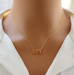 18K Gold Plated Dainty Dog Paw and Heart Linked Charm Necklace – Pet Lover Jewelry Gift for Dog Moms
