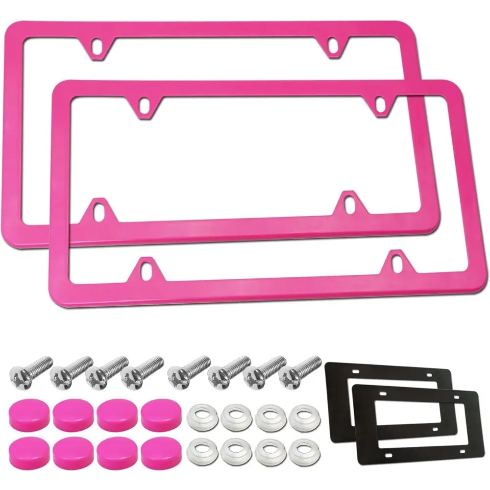 Girly Car Accessories 2-Pack Pink Metal Aluminum License Plate Frames, 12*6 Inch Slim US Vehicle Front & Rear Holders, Rust/Rattle Proof, Novelty Customized Car Tag Covers with Screws