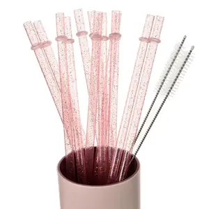 Reusable Drinking Straws with Cleaning Brush, 12pcs Durable Plastic Colorful Glitter Drinking Straws, Drinking Supplies for Home Kitchen Party Picnic Outdoor