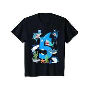 Boys Girls 5 Years Old Shark Ocean-Theme Party 5th Birthday Boy T-Shirt, For Boys Breathable, Casual And Comfortable Top Street Fashion Casual Summer T-Shirt