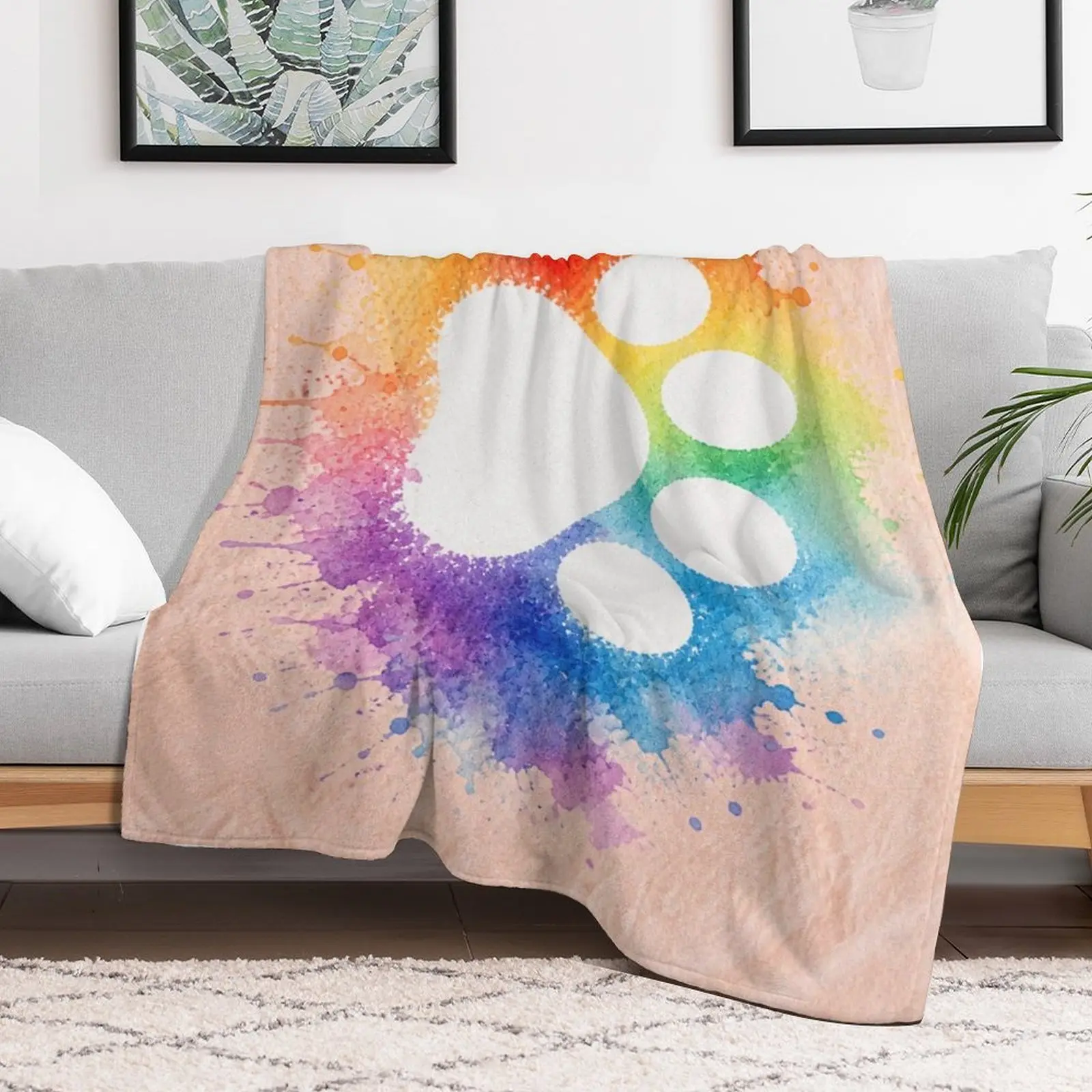 Rainbow Watercolor Paw Print Flannel Fleece Pet Memorial Blanket Camping blanket
