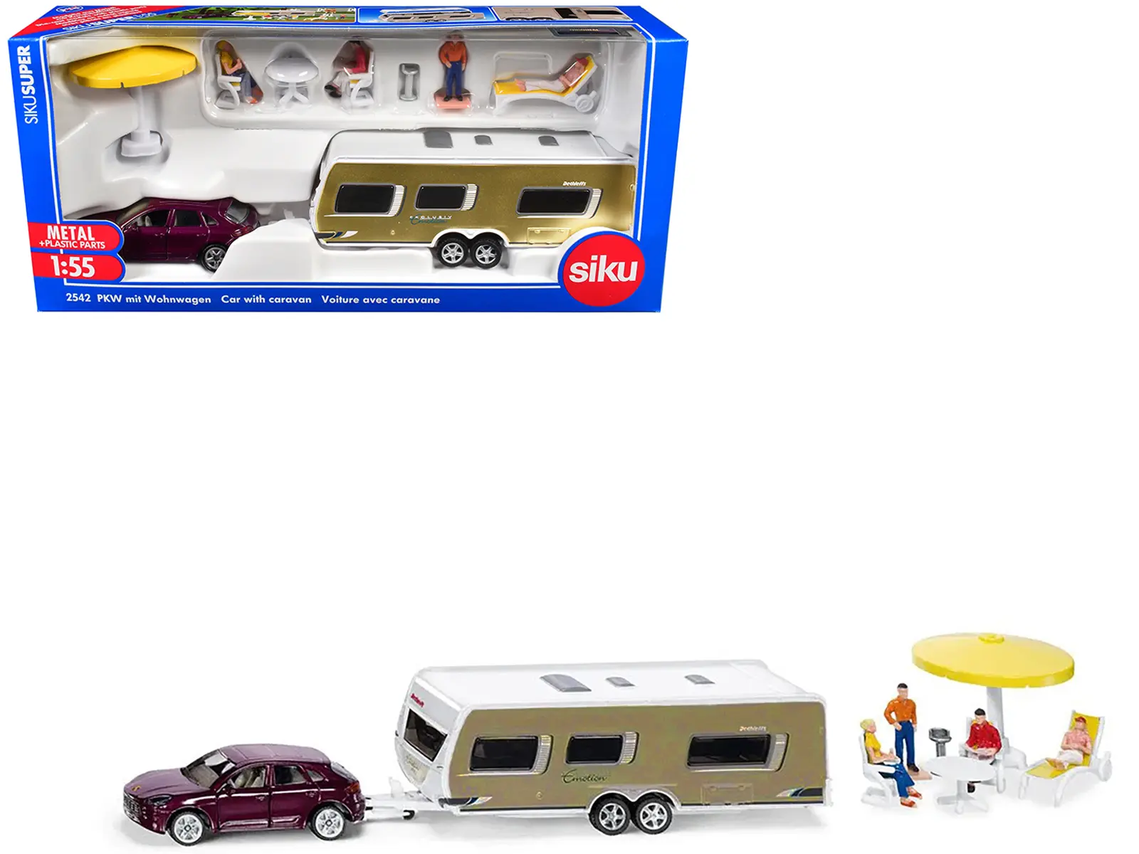 Porsche Macan Turbo Maroon Metallic & Dethleffs Exclusiv Emotion Caravan w/Figures & Camp Accessories 1/55 Diecast Model by Siku