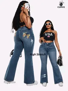 Women's Plus Size High-Waisted Flared Jeans, Butterfly Embroidery, Slim-Fitting, Button Fly, Casual All-Season Pants, Y2K Style