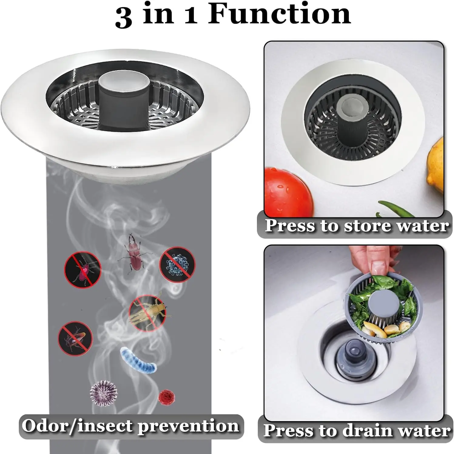 3-in-1 Function Modern Brass Electroplated Silver Metal Kitchen Sink Plug - Anti-Clogging Pop-Up Drain Strainer with Extra Basket Strainer, Plastic ABS Component, US Standard Fit for 2.83-3.38 in & 3.5 in Sinks, Ideal for Homeowners, Hotels