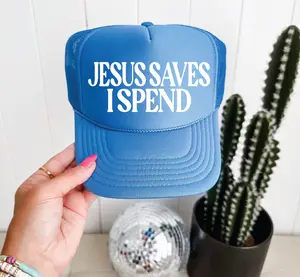 Jesus Saves, I Spend Columbia Blue Trucker Hat