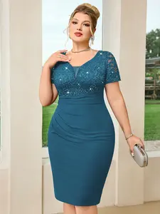 MISSMAY P55726A Plus Deep V-Neck Sequin Floral Lace Ruched Hem Bodycon Dress