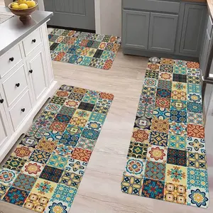 3pcs Bohemian Style Decorative Kitchen Rugs, Vintage Mandala Checkered Print Long Runner for Home Dining Room Decor, Non-Slip Bar Mat, Kitchen Door Mat, Soft Hallway Runner, Laundry Room Soft Mat