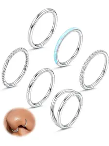 Exquisite 6 Pcs Silvery Nose Rings Surgical Steel Hinged Clicker Nose Piercings for Women Men Double Nose Rings Conch Tragus Hoop Cartilage Earrings Lip Daith Rook Helix Septum Piercing Jewelry Body Piercing Kit