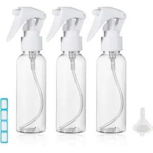 Travel Size Spray Bottle, 3.4oz/100ml Plastic Fine Mist Spray Bottle Set, Refillable Liquid Containers, 3 count Clear Trigger Sprayer with Funnel and Labels for Styling Kitchen Home Office Cleaning