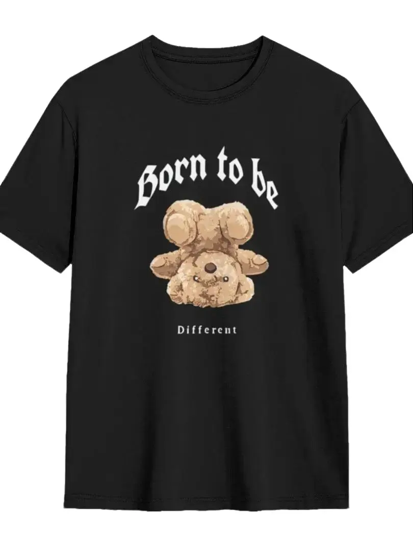 Men's Stylish Unique "Born to be Different" Teddy Bear Graphic T-Shirt, Menswear Casual Streetwear Top, Breathable Cotton Short-Sleeve, Sizes S-5XL, Tshirt, Bold Print, Unique Look, Multi-Size, Aesthetic, Cartoon, Round, Xxxl, Shortsleeve, Tee, Crew Neck