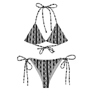 Women Bikini Set Black White Stripe Sacred Heart Gothic Print Swimsuit Beach Summer Festival Swimwear Tie Side Triangle Top Bathing Suit Vacation Pool Party Y2K Alt Goth