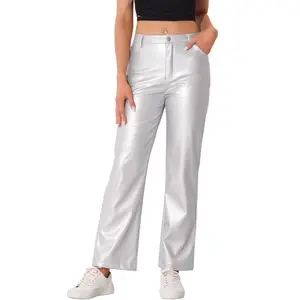 INSPIRE CHIC Women's High Waist Straight Leg Side Pockets Casual Punk Faux Leather Pants Silver Large