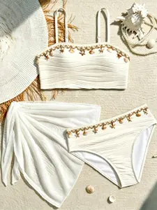 Girls' Bikini Swimsuit with Fringe Decoration, Perfect for Holiday Beach Vacations, Stylish Swimwear