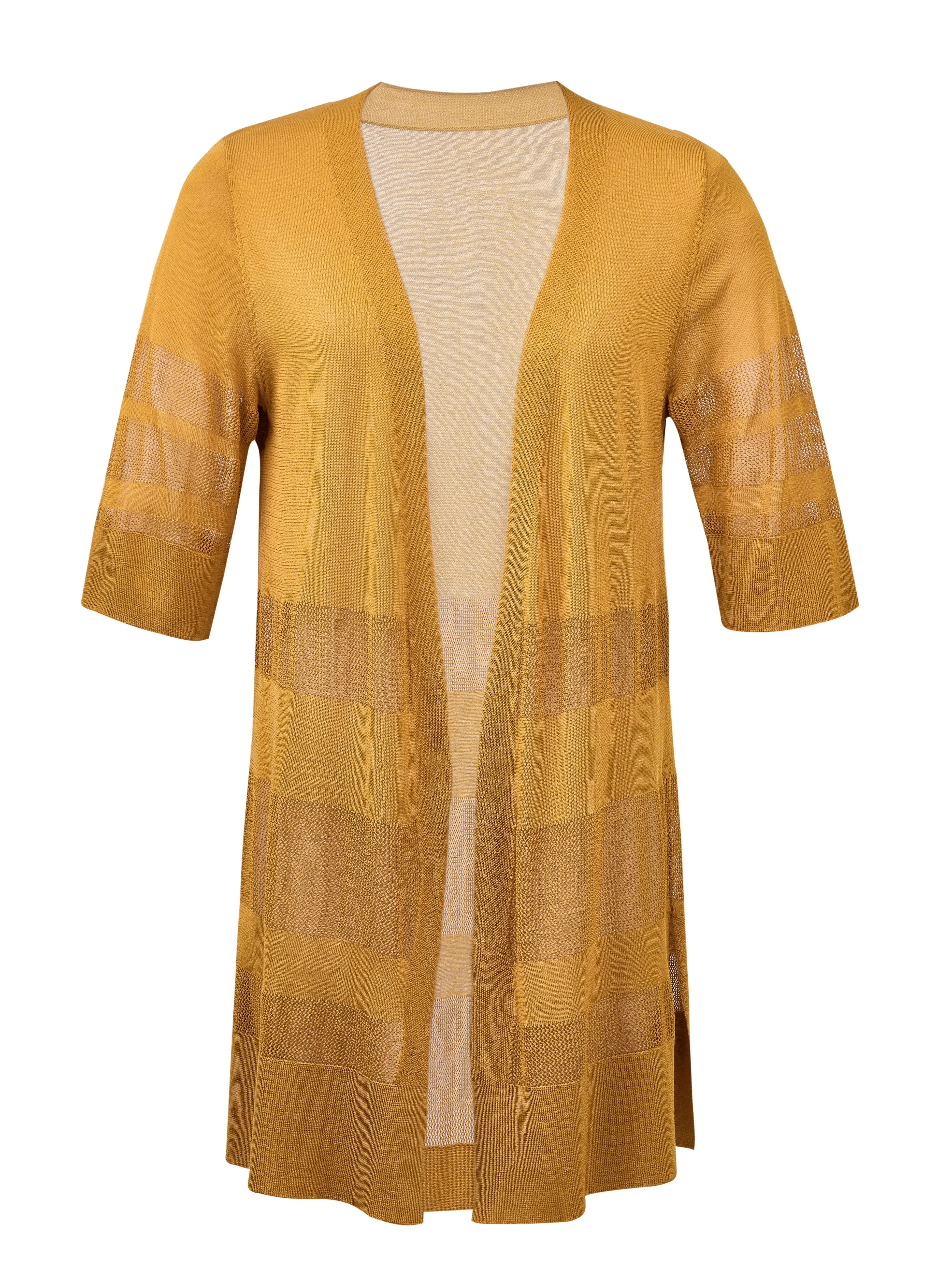 Women's Mustard Yellow Lightweight Long Cardigan Sweater, Open Front V Neck Sheer Knit Duster, Hollow Out Short Sleeve Summer Layer