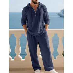 Men's American Style Autumn Casual Linen Hooded Henley Shirt Long Pants Set, Loose Fit, Comfortable & Stylish for Men(Sheets)