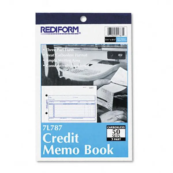Rediform 7L787 Credit Memo 5-1/2 x 7-7/8 Carbonless Triplicate 50 Sets/Book
