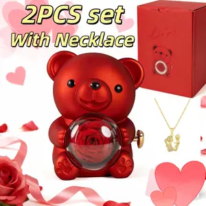 Red Rose Bear Deluxe Gift Box, Mom&Son Necklace Set | 360° Rotating Display Artificial Flower Bear, Romantic Luxury Gift for Mom Wife Girlfriend, Mother's Day Wedding Season Birthday Anniversary Valentine's Day Present