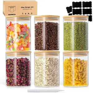 37 Oz Glass Storage Jars with   - 6 Pack Clear Glass Canisters Square Airtight Stackable Ideal for Pantry Storage Containers Organizers  for Storing Oats Coffee Beans Nuts etc